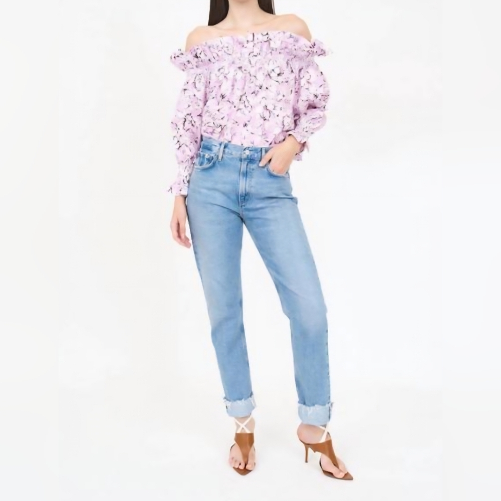 Christy Lynn regina women M floral blouse off shoulder bell puff sleeves cottage